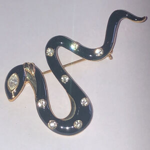 Elegant Vintage Gold Tone Black Enamel CZ Rhinestone Snake Brooch